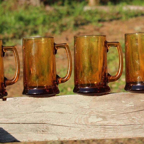 Set of 4 Hazel Atlas Amber Beer Stein Glasses mug vintage mid-century retro - Picture 11 of 11